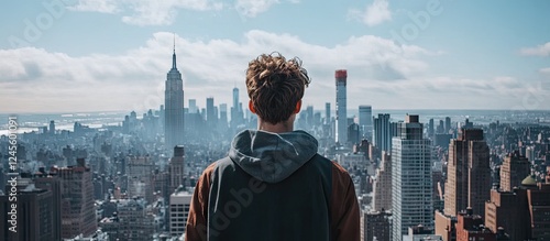 Fototapeta Naklejka Na Ścianę i Meble -  A contemplative young male streamer gazes over a bustling city skyline under a blue sky with clouds, contrasting urban life and personal ambition.