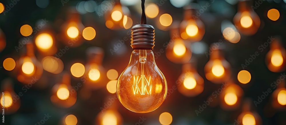 A glowing orange light bulb hangs prominently in the center among soft bokeh string lights creating a warm ambience symbolizing creativity and innovation A glowing orange light bulb hangs prominently in the center among soft bokeh string lights creating a warm ambience symbolizing creativity and innovation