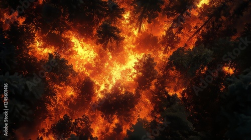 A top-down image of a forest fire spreading through dry vegetation, glowing intensely 