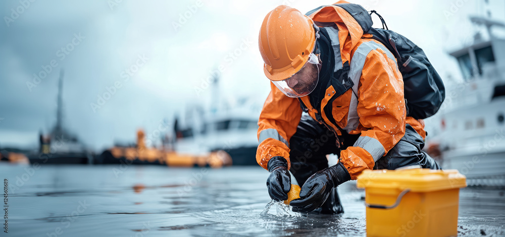 worker in orange safety suit collects water samples near boats, emphasizing environmental monitoring and marine research. scene reflects dedication to preserving aquatic ecosystems worker in orange safety suit collects water samples near boats, emphasizing environmental monitoring and marine research. scene reflects dedication to preserving aquatic ecosystems