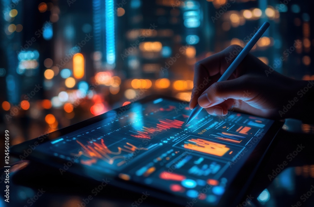 Close-Up of a Hand Using a Stylus to Analyze Data on a Tablet with Vibrant City Lights in the Background at Night Close-Up of a Hand Using a Stylus to Analyze Data on a Tablet with Vibrant City Lights in the Background at Night