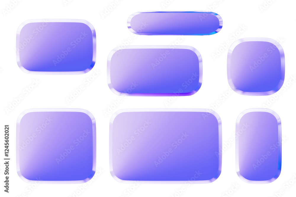 3d glass holographic banner or plate set with transparent frame for ui design. Blank rectangle and square gradient light panels with crystal border, render glossy button or badge. 3D illustration