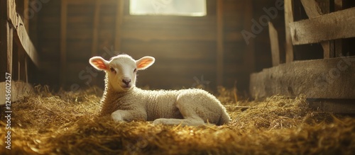 A peaceful scene of a white lamb resting on straw in a cozy cowshed bathed in warm sunlight with soft shadows and ample copy space for creativity.