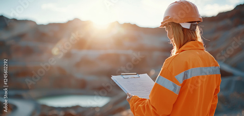 worker in orange safety suit and helmet examines clipboard overlooking mining site at sunset, highlighting safety and environmental awareness