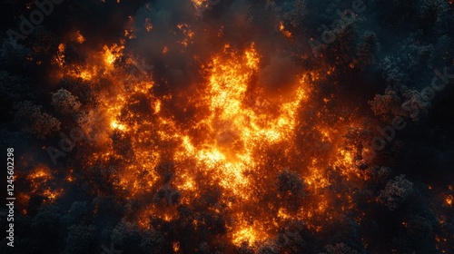 A top-down perspective of a wildfire encroaching on the outskirts of a small town 