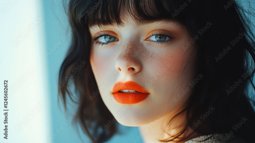 A close-up portrait of a young woman with striking features. A close-up portrait of a young woman with striking features.