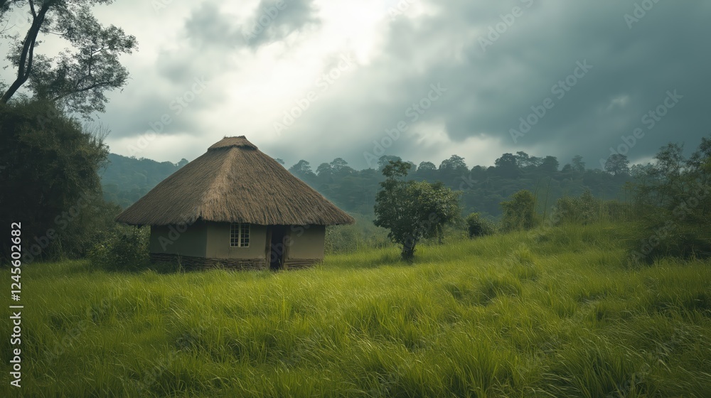 Rustic Thatched House in Lush Green Field Under Cloudy Sky;keywords; hut,house,rural,landscape,natur Rustic Thatched House in Lush Green Field Under Cloudy Sky;keywords; hut,house,rural,landscape,natur