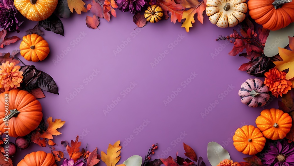 A Festive Fall Frame with Pumpkins and Autumn Leaves on Purple A Festive Fall Frame with Pumpkins and Autumn Leaves on Purple