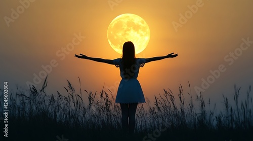 Woman silhouetted against a large, yellow moon at sunset.