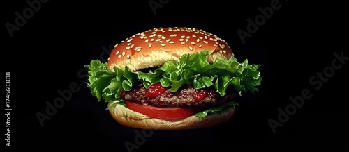 Juicy hamburger with sesame seed bun centered, featuring fresh lettuce, tomato, and beef patty, presented against a sleek black background.