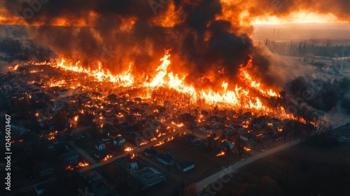 A top-down perspective of a wildfire encroaching on the outskirts of a small town 