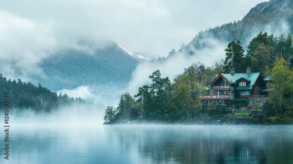 Fototapeta premium A scenic view of a lake house nestled in the mountains with mist rising from the water.