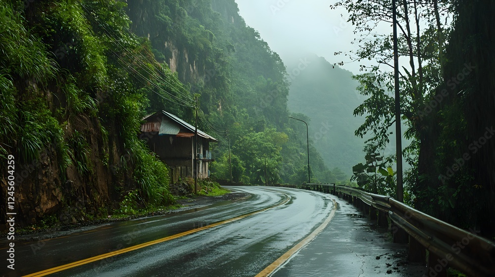 Fototapeta premium Winding mountain road disappearing into the mist shrouded landscape surrounded by lush verdant foliage and towering peaks A captivating scene of serene ethereal beauty