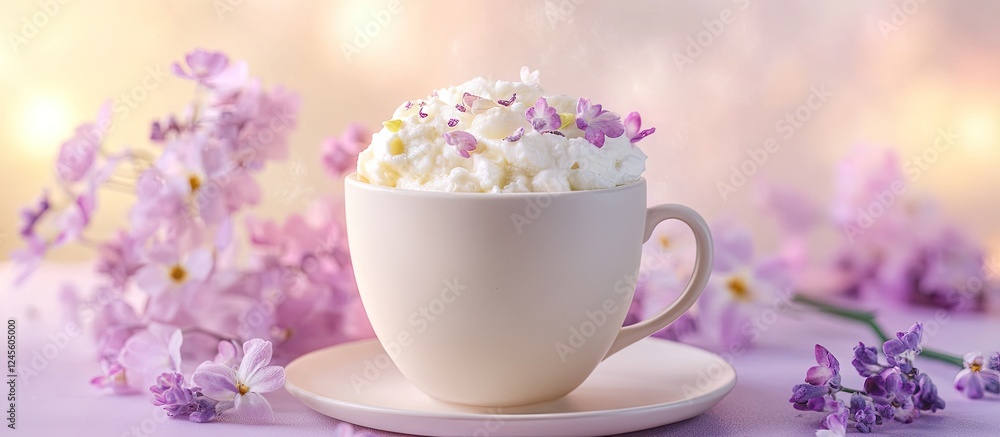 Delicate Ricotta Tea Latte in white cup adorned with fluffy cream and pastel purple flowers on soft pastel background creating a serene ambiance Delicate Ricotta Tea Latte in white cup adorned with fluffy cream and pastel purple flowers on soft pastel background creating a serene ambiance