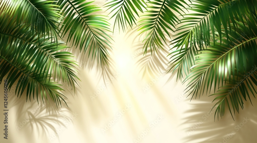 Naklejka premium Tropical palm leaves casting shadows on beige background