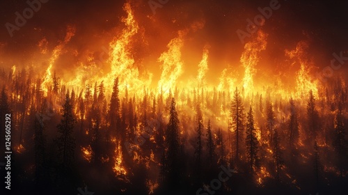 A wildfire spreading rapidly through dry and dense vegetation, creating a dangerous scene