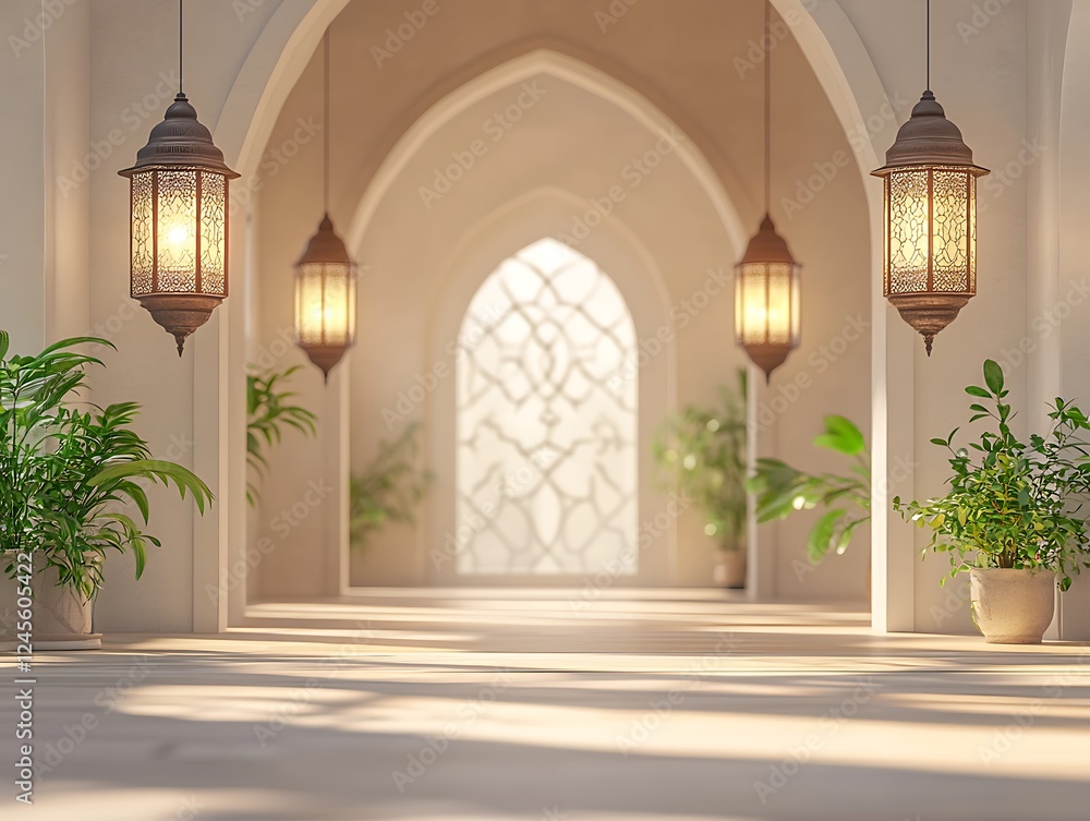 Serene Islamic hallway with lanterns and plants. Serene Islamic hallway with lanterns and plants.