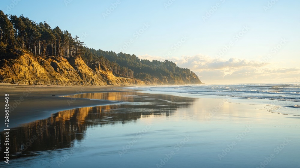 Fototapeta premium A serene beach with golden sunlight reflecting on the calm waves during late afternoon.