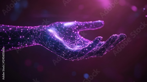 Glowing digital hand reaching, dark background, futuristic concept