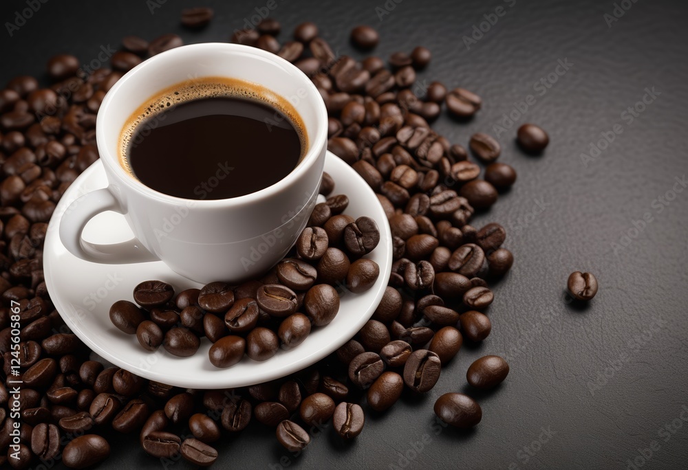 A cup of espresso with a background of coffee beans A cup of espresso with a background of coffee beans