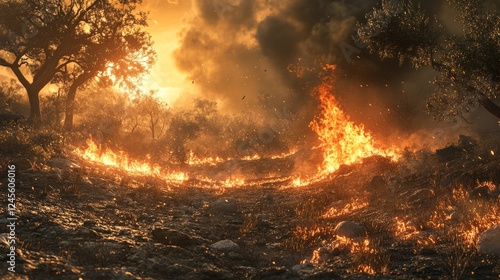 A wildfire spreading rapidly through dry and dense vegetation, creating a dangerous scene