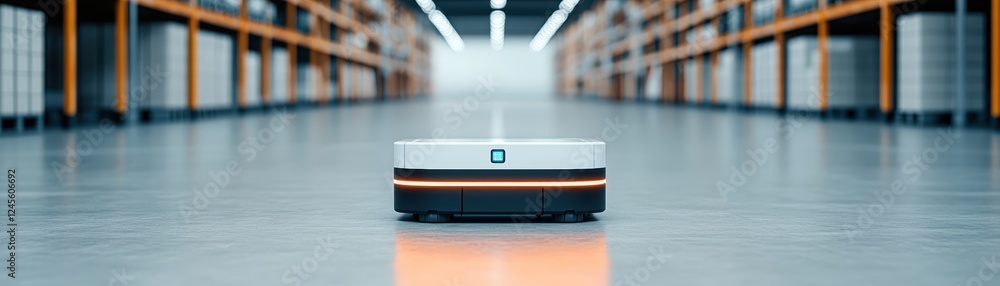 Autonomous robot in warehouse aisle. Autonomous robot in warehouse aisle.