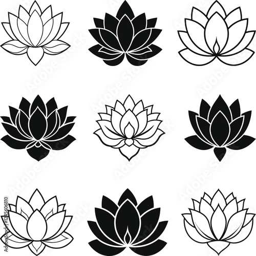 Lotus Flower Icons Set, Lotus Flower Vectors Silhouette Illustration