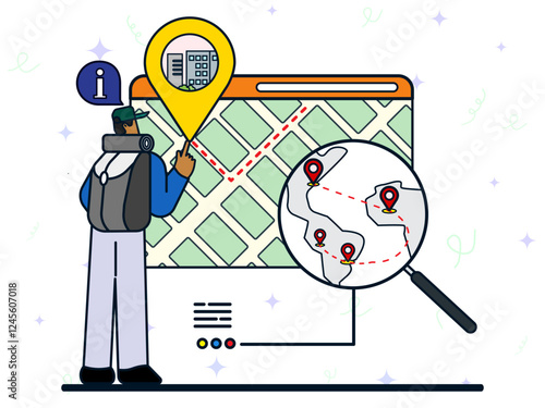 A man traveller searching location of city for his vacation on big screen GPS maps. Trip planning, holiday vacation organization. Smart tourism system, travel recommender systems. 