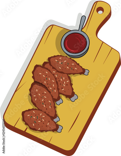 fried chicken wings with sesame seeds and chili sauce on a wooden board