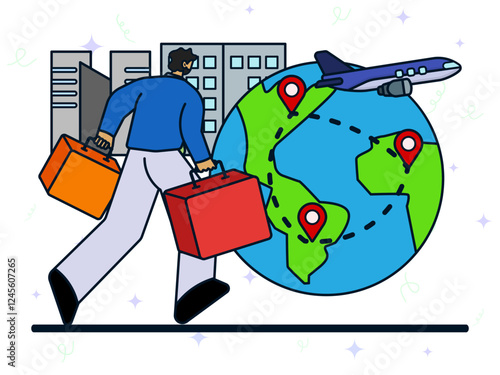 Worldwide travelling concept. A man holding luggages to running on city for vacation. Global destination, airplane transportation, urban lifestyle. 