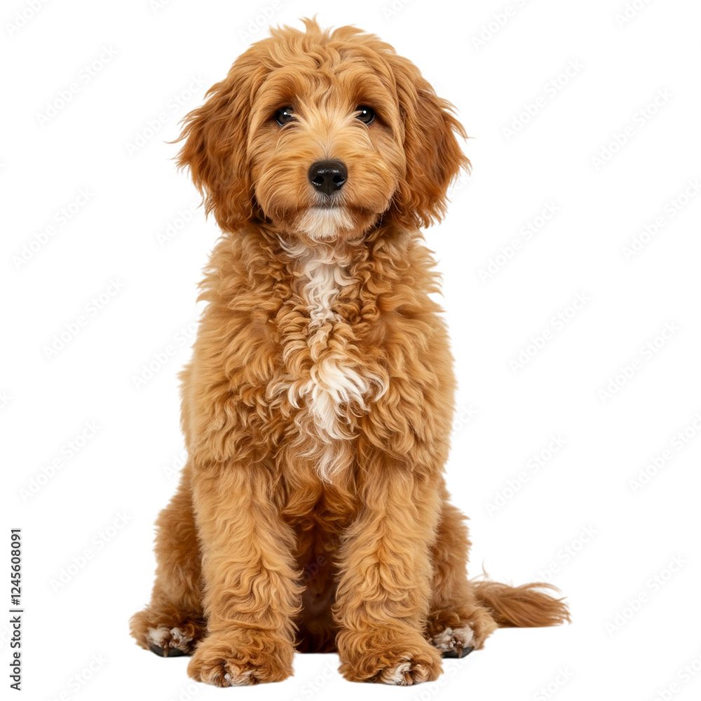 The image shows a sitting Doodle dog with curly, light brown fur and a white patch on its chest, isolated on transparent background, PNG file, perfect for graphic design. The image shows a sitting Doodle dog with curly, light brown fur and a white patch on its chest, isolated on transparent background, PNG file, perfect for graphic design.