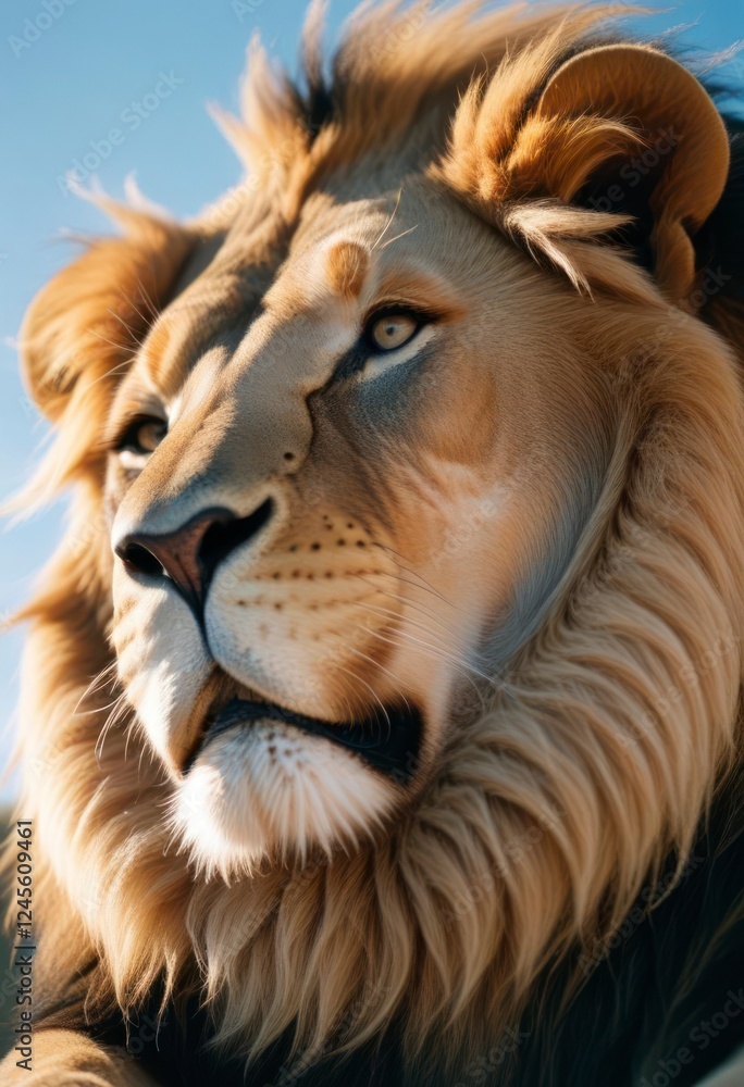 Fototapeta premium Majestic African Lion Portrait Sunlight Golden Mane