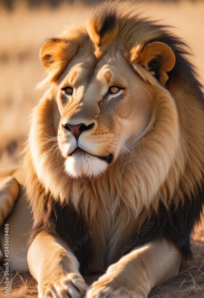 Fototapeta premium Majestic African Lion Portrait in Golden Sunlight