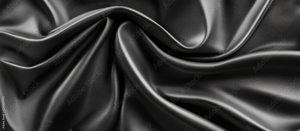 Obraz premium Elegant black leather fabric with soft folds showcasing a rich anthracite gray texture perfect for backgrounds in design and creative projects.