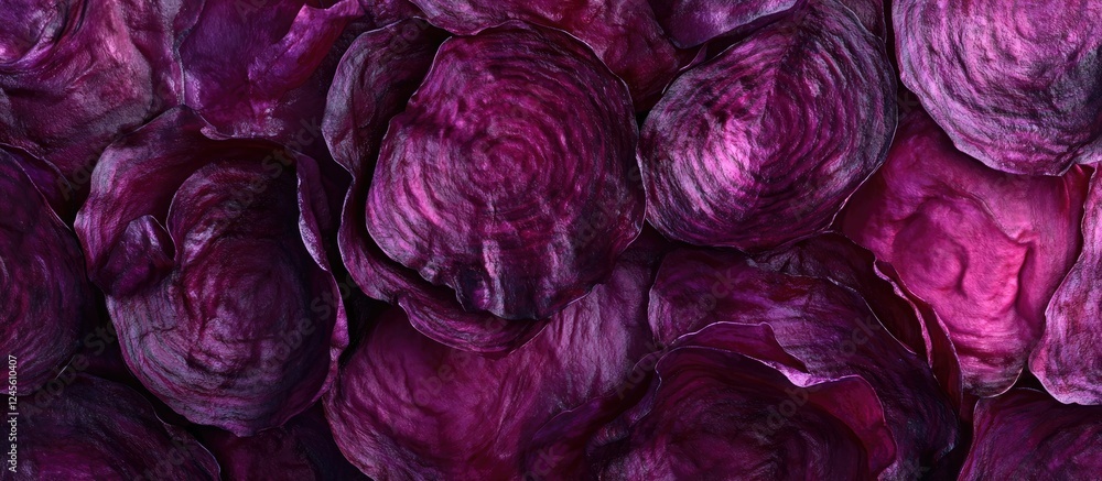 Obraz premium Vibrant purple hues of peeled beetroot layered together, showcasing rich textures and emphasizing nutritious qualities in a food setting.