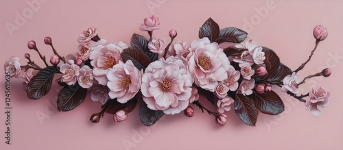 Cherry blossom arrangement with soft pink flowers and buds on a gentle pink background highlighting intricate floral details and natural elements