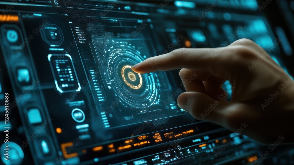 Hand interacting with futuristic touchscreen interface. Hand interacting with futuristic touchscreen interface.