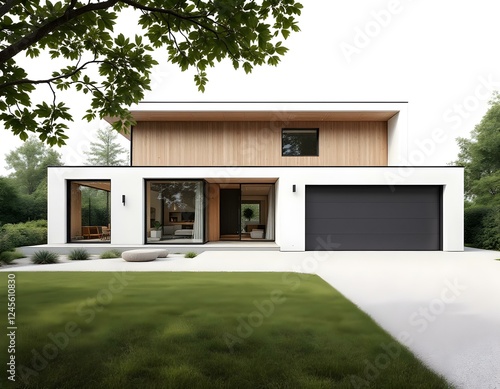 Exterior photo of a modern Scandinavian-style house with minimalist design, large windows, natural wood, and a clean gravel driveway.

