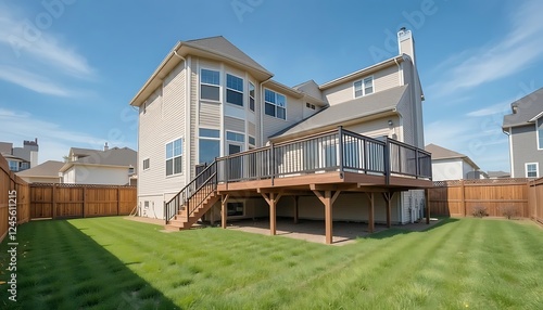 Luxury Beige House with Large Deck and Wooden Fence in Backyard  Modern Suburban Home Exterior