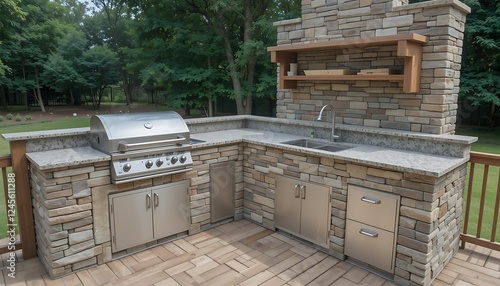 Luxury Outdoor Kitchen Design with Built-in Grill, Granite Countertops, and Stone Veneer