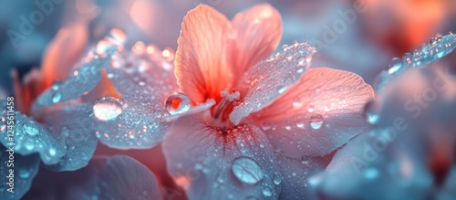 Delicate pink flower petals glisten with dew drops in a soft blue background creating a fairytale atmosphere with intricate macro details.