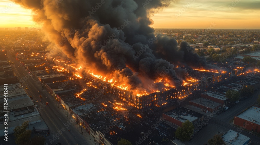Aerial view of a forest fire in a remote area, smoke stretching across the horizon Aerial view of a forest fire in a remote area, smoke stretching across the horizon