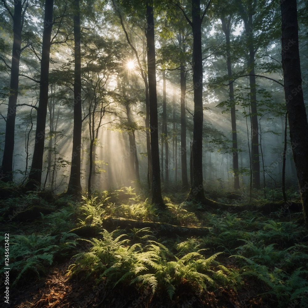 Obraz premium A misty, enchanting forest with sunlight streaming through the trees, creating a soft glow on the forest floor.
