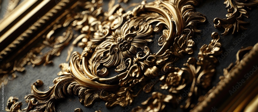 Ornate gold leaf details on a black textured backdrop showcasing intricate floral patterns and elegant curvilinear designs in a close-up view. Ornate gold leaf details on a black textured backdrop showcasing intricate floral patterns and elegant curvilinear designs in a close-up view.