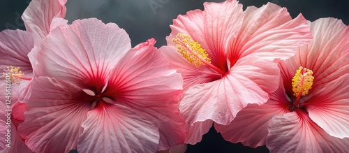 Close up of soft pink Hibiscus syriacus flowers with prominent yellow stamens on a dark blurred background highlighting their delicate petals