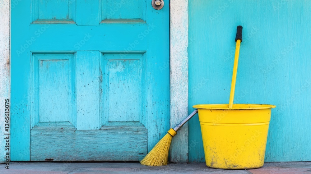 A cleaning bucket sitting on a doorstep, ready for the next task. A cleaning bucket sitting on a doorstep, ready for the next task.