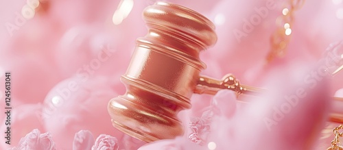 Closeup of an elegantly designed legal gavel in gold tones surrounded by a soft pink pastel background showcasing intricate details and textures photo