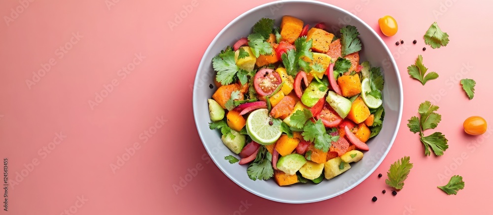 Vibrant aerial view of a colorful vegan Indian vegetable curry in a gray bowl against a soft pink background with fresh herbs and lime slices Vibrant aerial view of a colorful vegan Indian vegetable curry in a gray bowl against a soft pink background with fresh herbs and lime slices