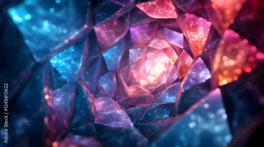 Close up of a diamond against a blurry background with nebula-inspired tessellations in vibrant colors Close up of a diamond against a blurry background with nebula-inspired tessellations in vibrant colors