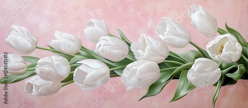 Elegant arrangement of white tulips on a soft pink background with green leaves, showcasing delicate petals and serene beauty in a light pastel theme.